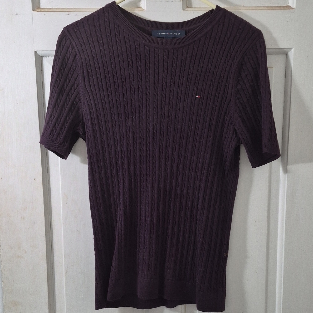 Tommy Hilfiger Short Sleeve Cable Knit Sweater in Plum